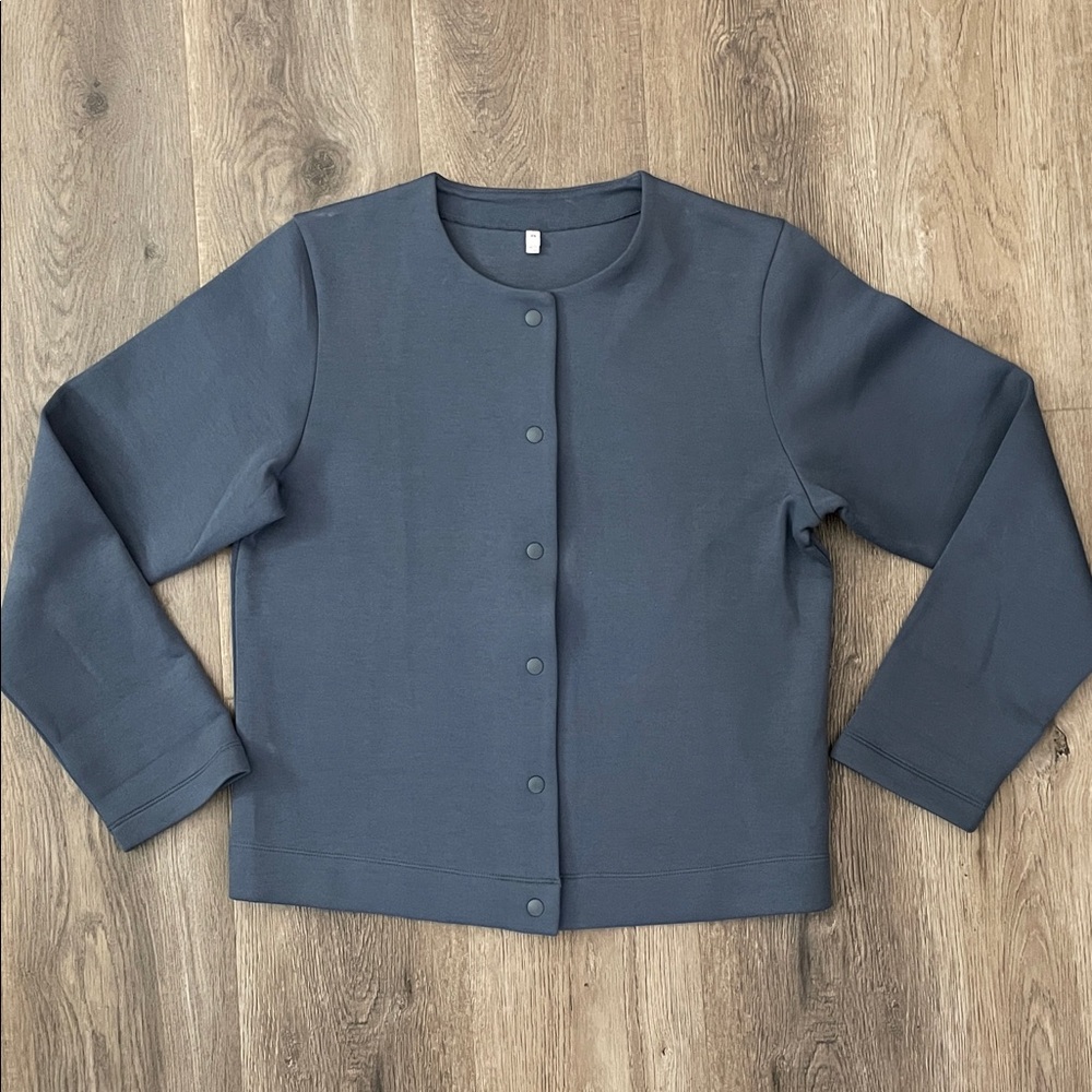 Muji Blue Snap Cardigan Sweatshirt Womens Size Medium M Scuba Cotton Fleece - Picture 5 of 11